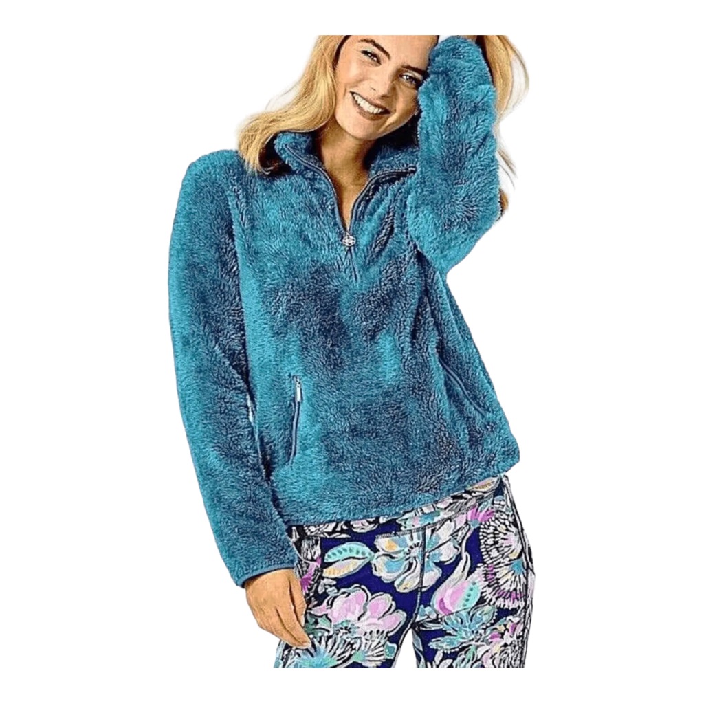 Lilly Pulitzer Skipper Sherpa Popover Jacket Valencia Teal Green Sz M 1/4 Zip